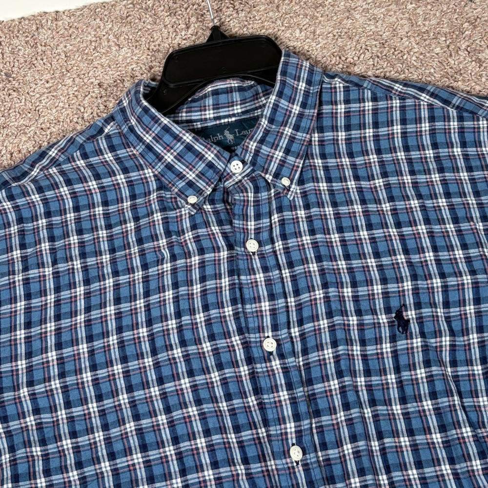 Ralph Lauren Mens‎ XXL Custom Fit Linen Cotton Blue Plaid Short Sleeve Shirt